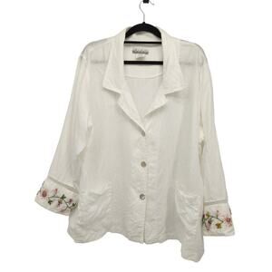 Nino Wong California White 100% Linen Floral Embroidered Jacket Women Blazer XL
